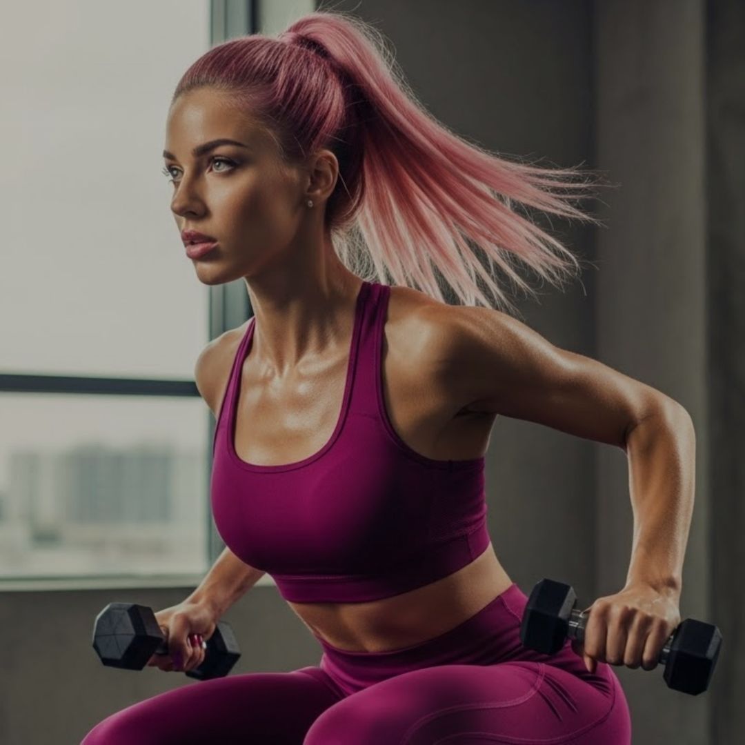 Woman in purple athletic wear lifting dumbbells indoors