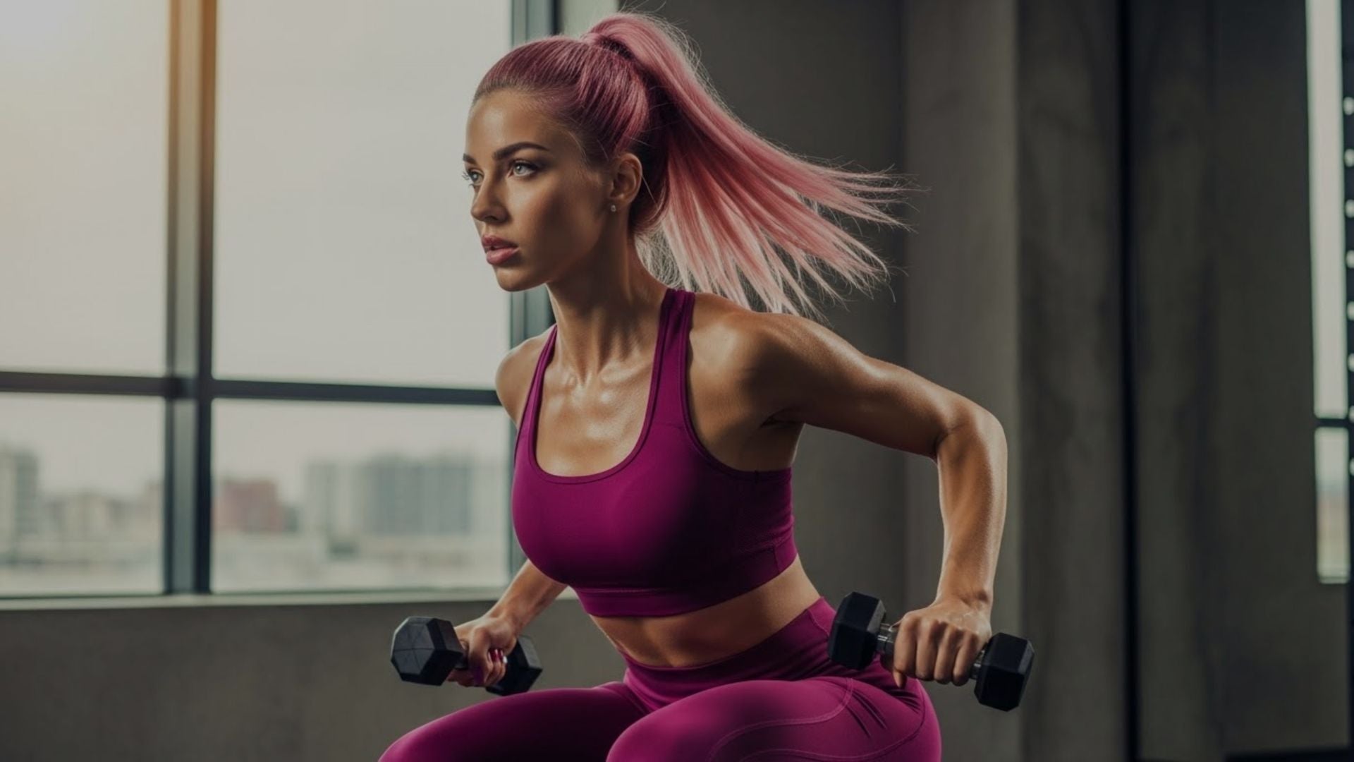 Woman in purple athletic wear lifting dumbbells indoors with a cityscape view.